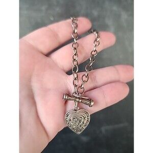 925 Silver Marcasite Dangling Heart Charm Bracelet & Amethyst Toggle Closure